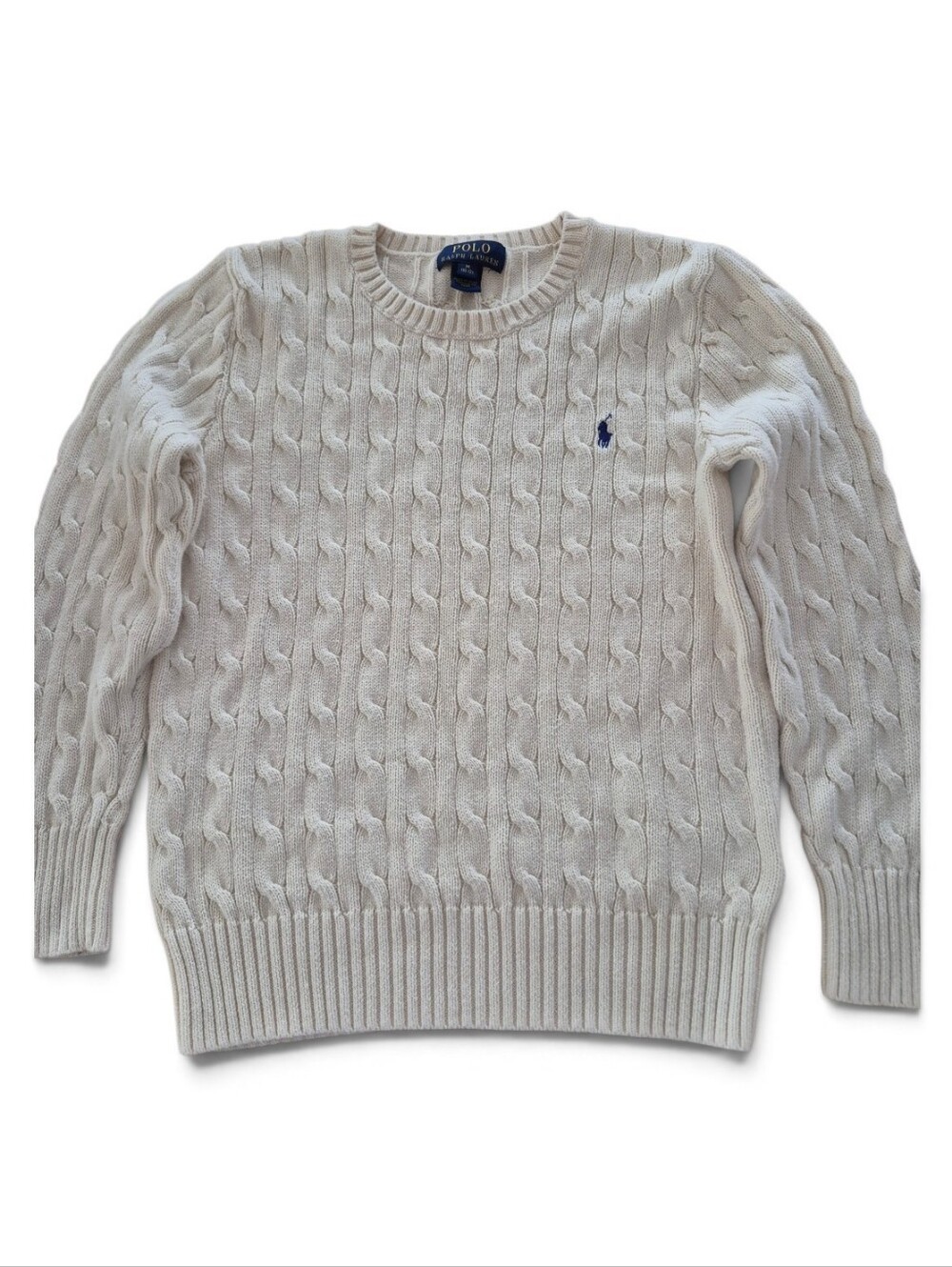 Polo by Ralph Lauren Cream Cable-Knit Crewneck Sweater with Navy Pony